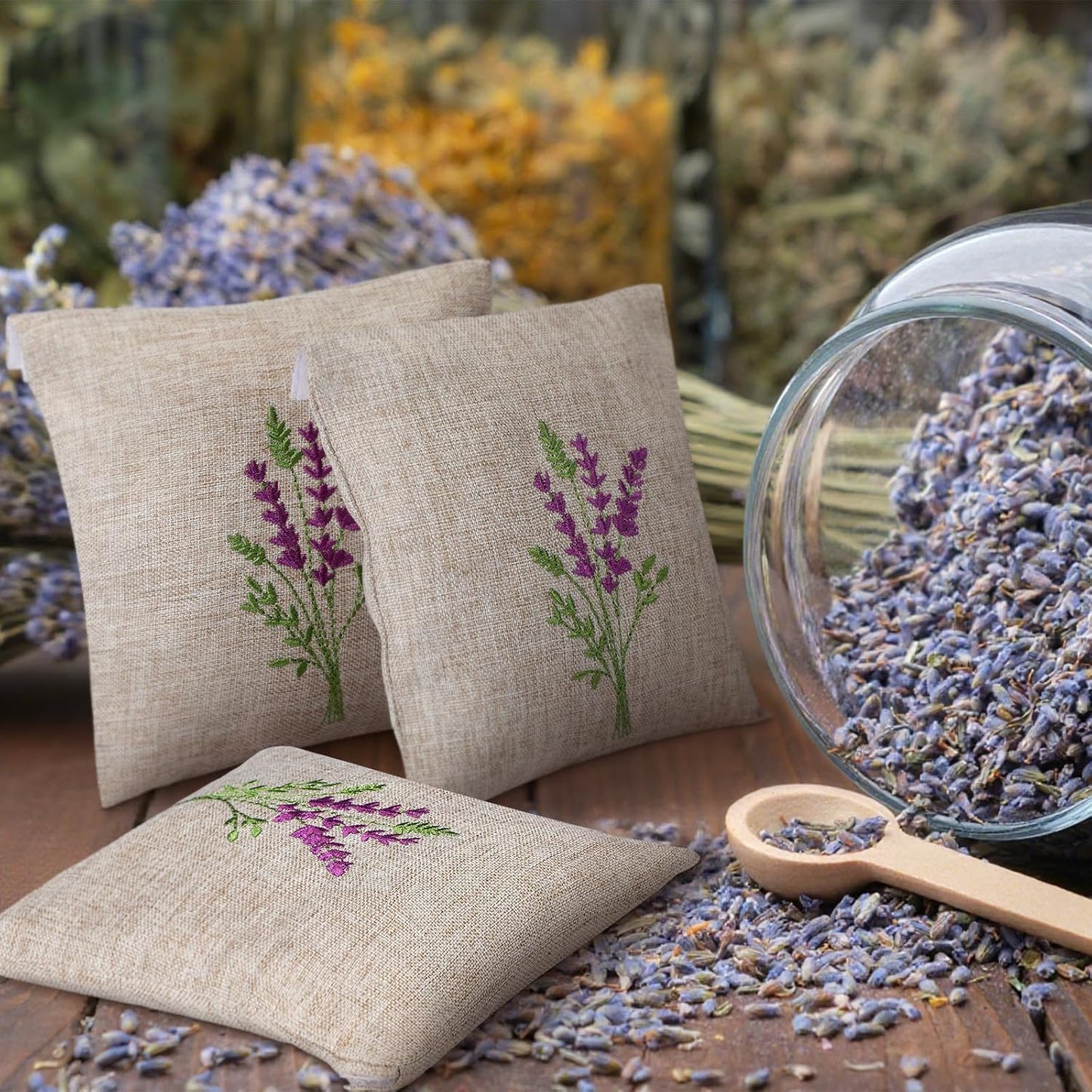 SATINIOR 6 Pack 6x6 Inch Embroidered Lavender Sachet Bags Sachet Empty Bags with Hook and Loop Fasteners Cotton Linen Pouch for Filling Spice Jewelry for Wedding