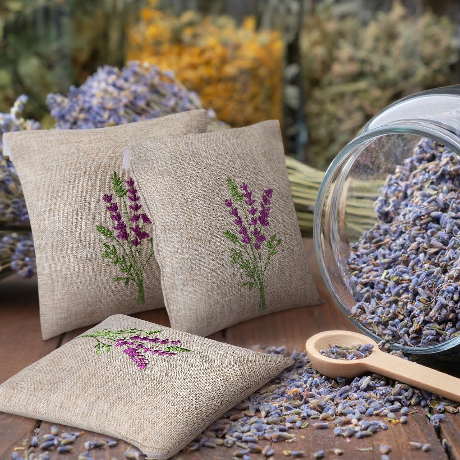 SATINIOR 10 Pack 6x6 Inch Embroidered Lavender Sachet Bags Sachet Empty Bags with Hook and Loop Fasteners Cotton Linen Mini Fabric Pouch for DIY Craft Filling Spice Jewelry Wedding Gift