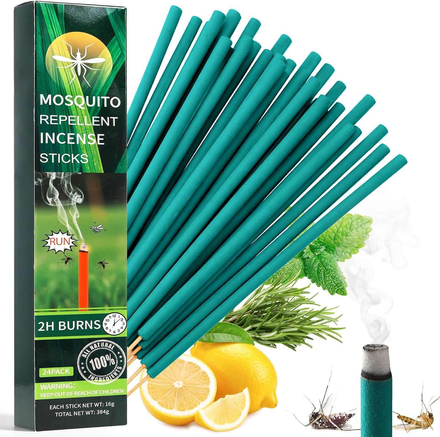 24 Pack Mosquito Incense Sticks for Outdoor Patio Backyard Indoors Camping Travel Yoga, DEET Free Mosquito Repellent Sticks Safe for Kids Pets, Long-Lasting 2-Hour Burn Time, Green