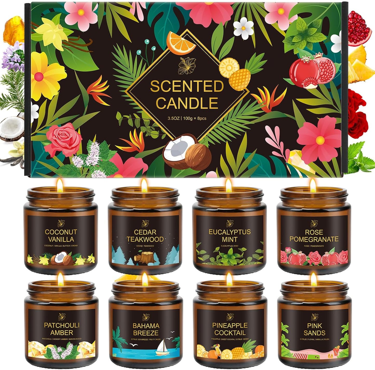8-Pack Scented Candle, 28oz Burn Time 160 Hours, 8 Scents:Pineapple Cocktail, Coconut Vanilla, Pink Sands, Bahama Breeze& More. Perfect Spring and Summer Gift for Family and Friends.