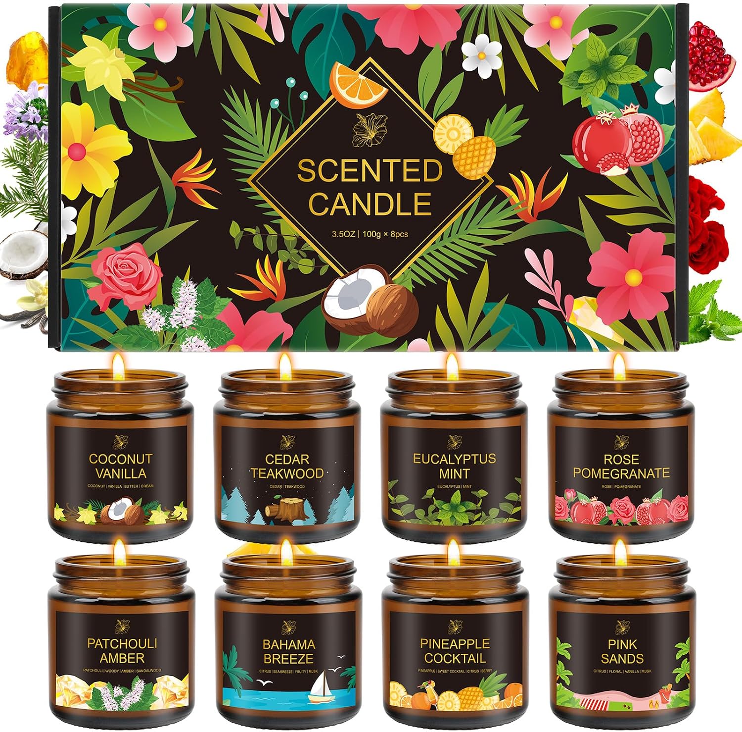 8-Pack Scented Candle, 28oz Burn Time 160 Hours, 8 Scents:Pineapple Cocktail, Coconut Vanilla, Pink Sands, Bahama Breeze& More. Perfect Spring and Summer Gift for Family and Friends.