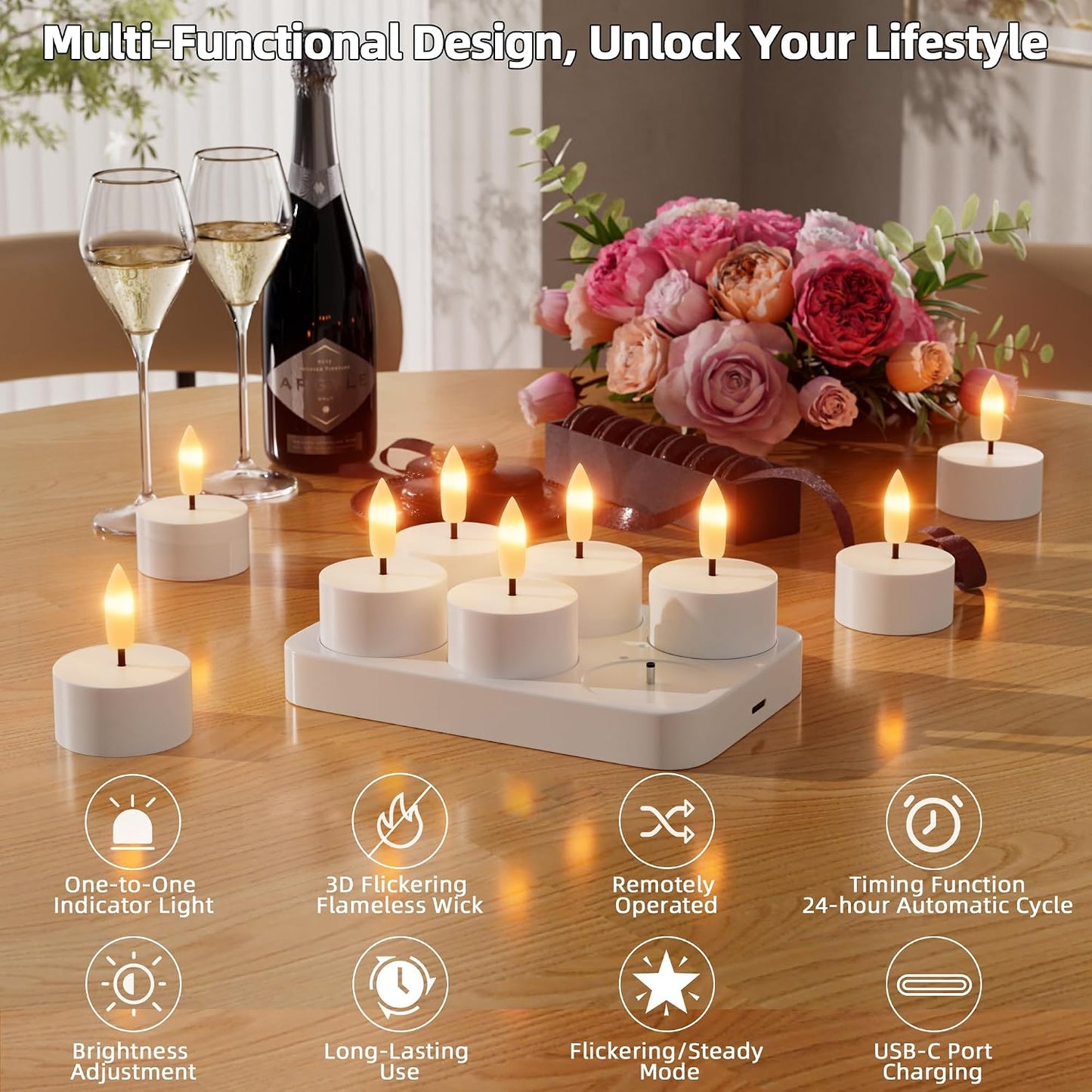 Rechargeable Flameless Tea Lights Candles with Charging Station 6Pcs Battery Tea Lights Candles with Remote & Timer LED Tealight Flickering Realistic for Home Christmas Wedding Decor - White