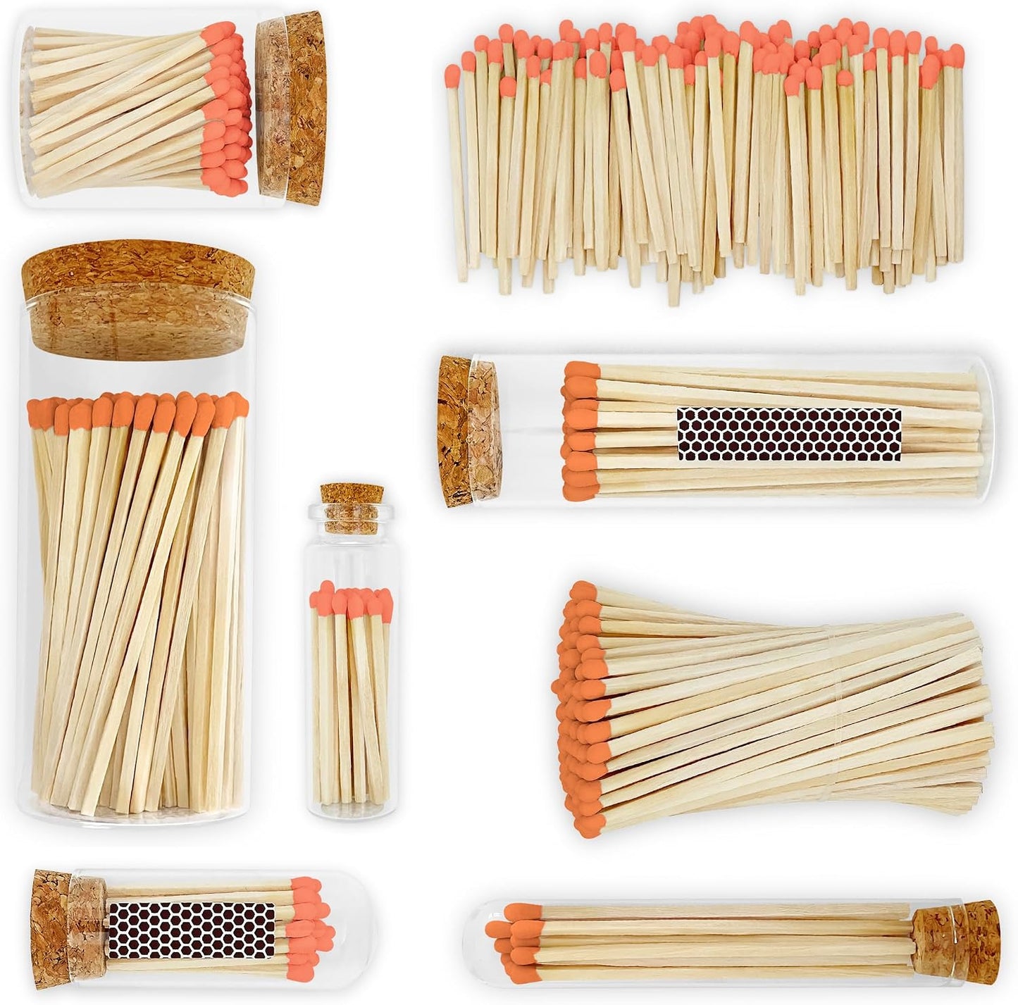Decorative Matches in a Gold Heart Foil Glass Jar | 4" Orange Long Matches (100 match sticks) + Cork Top Glass Holder + Striker Stickers | Gifts, Décor, & Candle Accessories by Thankful Greetings USA