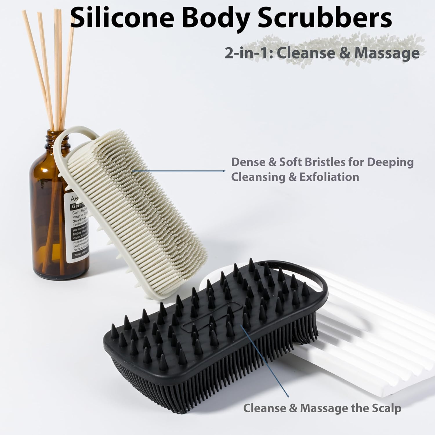 MtBoi 2 PC Silicone Body Scrubber, 2 in 1 Exfoliating Shower Bath Scrubber, Soft Silicone Loofah for Sensitive Skin, Shower Hair Scalp Massager, Easy to Clean, Lather Well (Grey&Black)