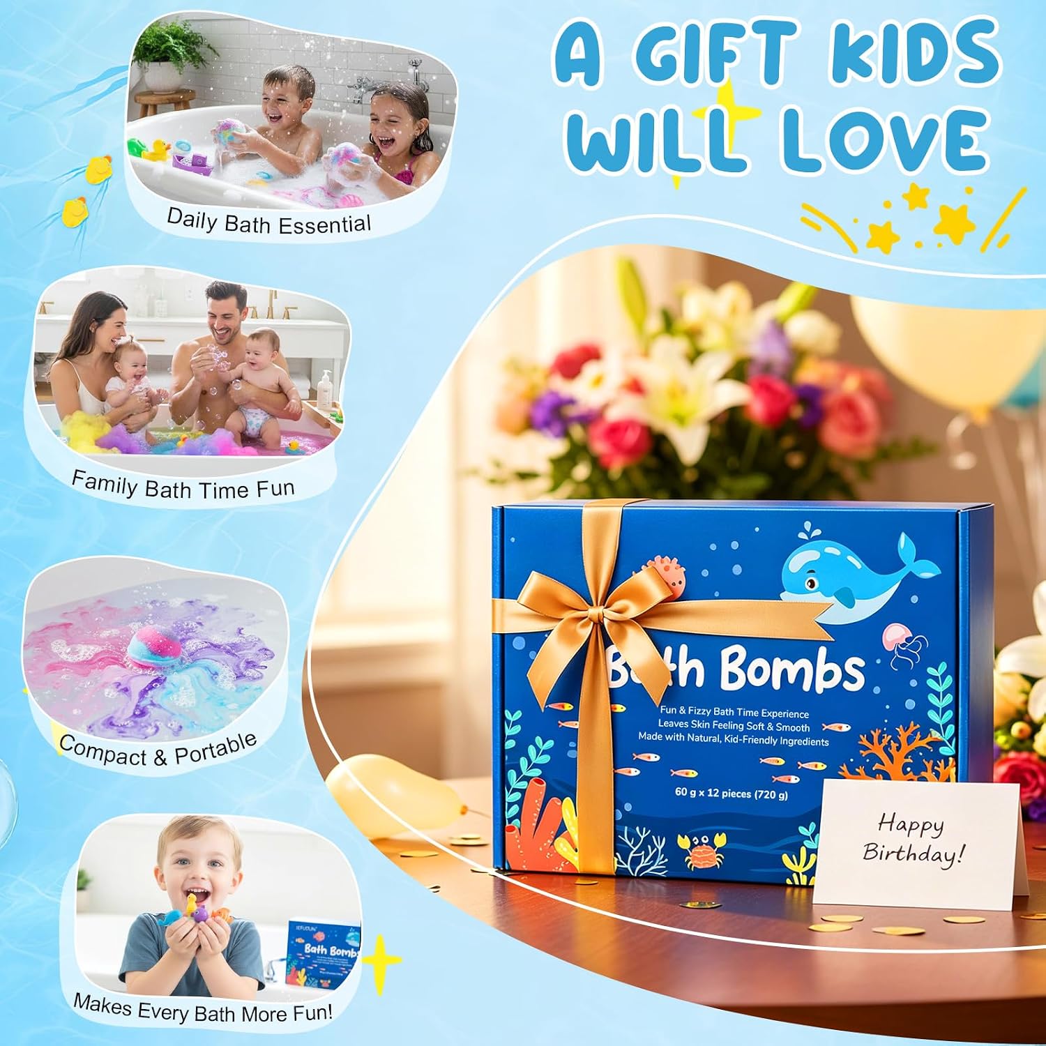 12 Pack Bath Bomb Gift Set - Large 2.1oz / 60g Shea Butter Spa Fizzies with Hidden Surprise Inside - Mineral-Rich Non-Staining Moisturizing Formula for Adults