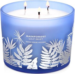 Large 3 Wick Scented Soy Candle for Home | Rainforest Lily Mist | 14.5oz Aromatherapy Spa Candle | Fresh Rain, Lily of the Valley, Jasmine & Cedarwood | Clean Burn Long Lasting | Gift for Women & Men