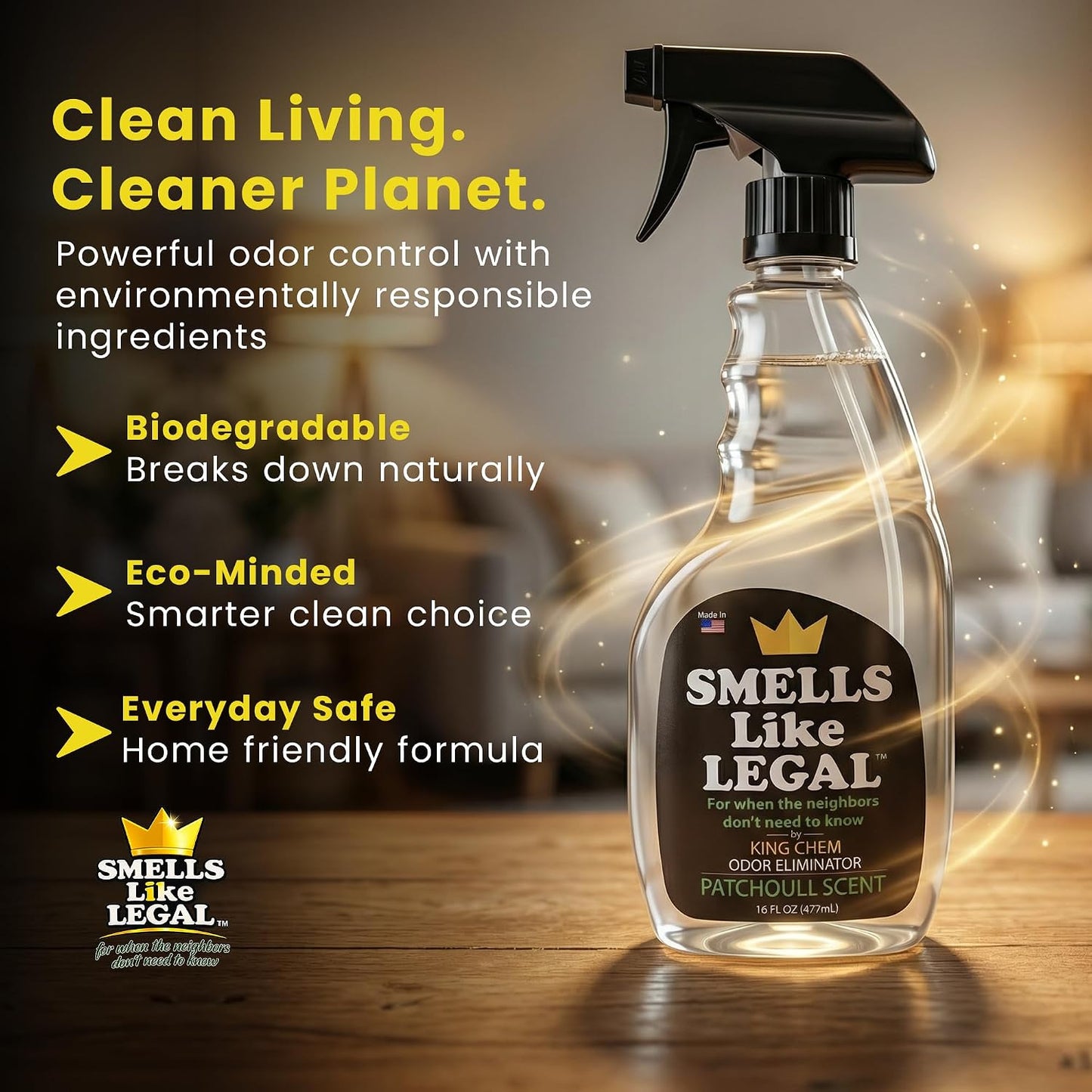 Smells Like Legal™ Patchouli Odor Eliminator Spray – Powerful Commercial-Grade – Eliminates Smoke, Pet & Food Odors at source – Fabric-Safe, Non-Staining – Biodegradable Air & Fabric Freshener – 16 oz