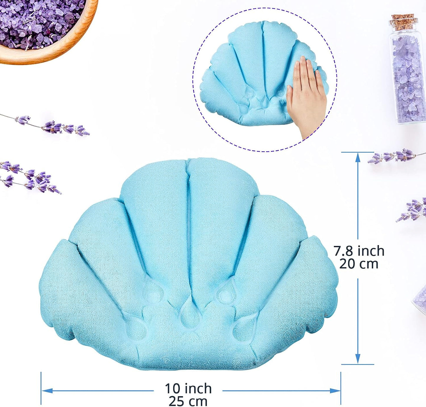 2 Pieces Inflatable Bath Pillow with Suction Cups, Terry Cloth Covered Bath Pillow Shell Shape Bathtub Spa Pillow Comfortable Soft Bath Cushion, Neck Support for Bathtub, Hot Tub, Home Spa Tub