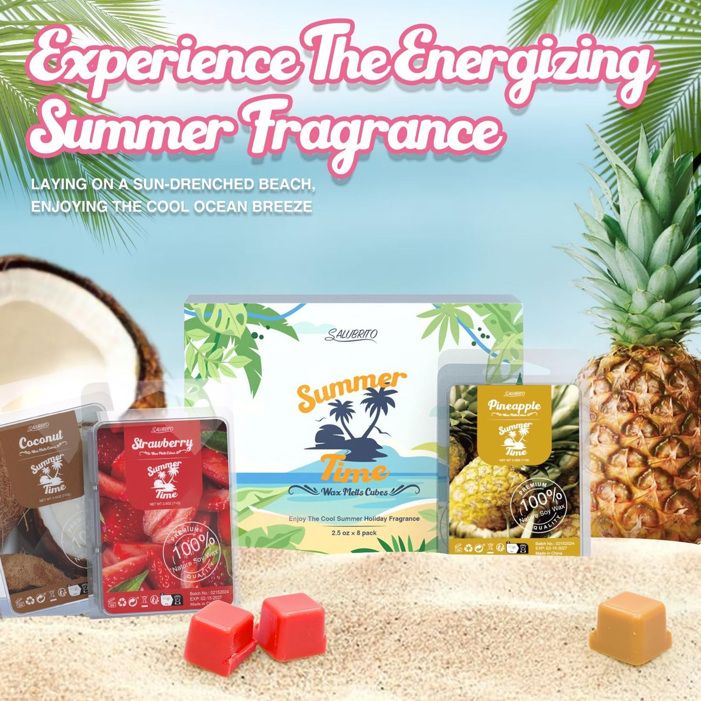 Salubrito Summer Scented Wax Melts, Strong Scented Soy Wax Cubes/Tarts Variety Gift Set, Fresh Cotton, Ocean Breeze, Mojito, Pink Island, Coconut, Pineapple, Vanilla Cream, Strawberry, 8x2.5oz
