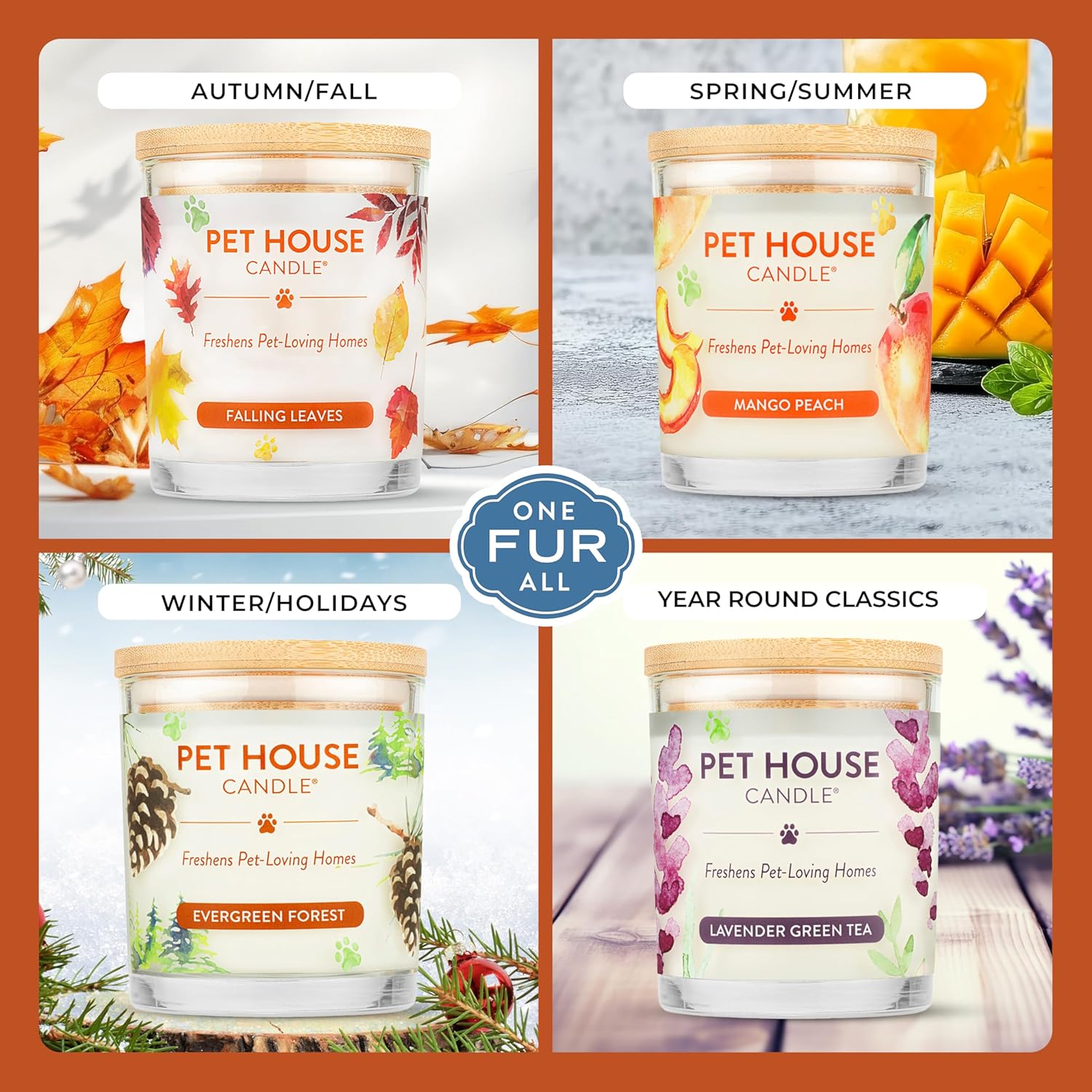 One Fur All Pet House Candle Plant-Based/Soy - Clean Burning Scented, Long Lasting Pet Odor Candle for Home - Vanilla Sandalwood