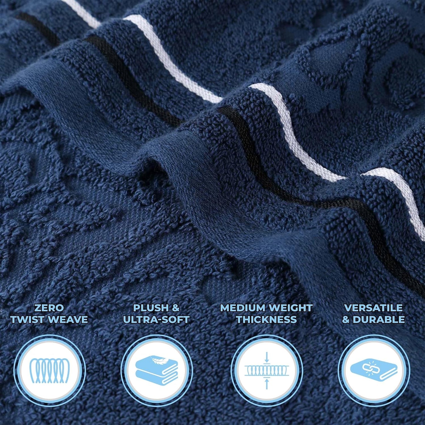 Superior Cotton 3 Piece Towel Set, Includes 1 Bath, 1 Hand, 1 Washcloth/Face Towel, Quick Dry, Home Essentials, Shower, Spa, Luxury Plush Soft Absorbent Towels, Zero Twist, Jacquard Floral, Navy Blue