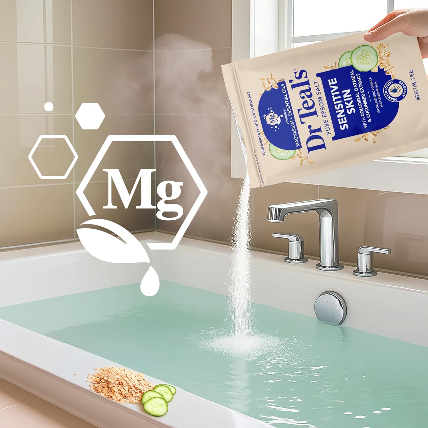 Dr Teal's Epsom Salt Magnesium Soak, Sensitive Skin with Colloidal Oatmeal & Cucumber Extract, 3 lbs