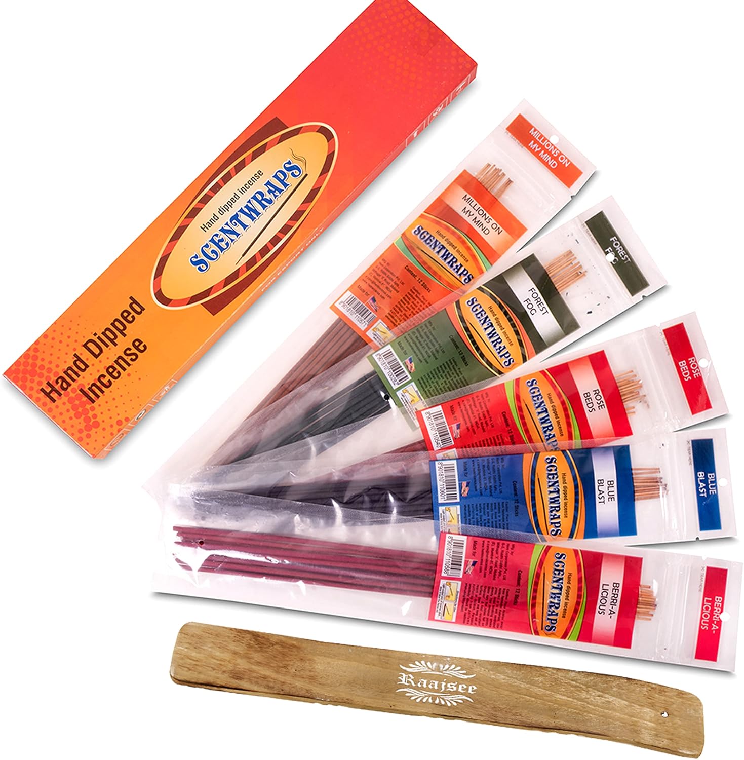 Hem Incense Sticks Variety Pack Set of 5 Packs (12 Stick x 5 Pack,60 Sticks), Hem Scentwrap 11 inches Natural Hand Dipped Insenses with Raajsee Incense Holder Bundle, Free from Chemicals Non Toxic