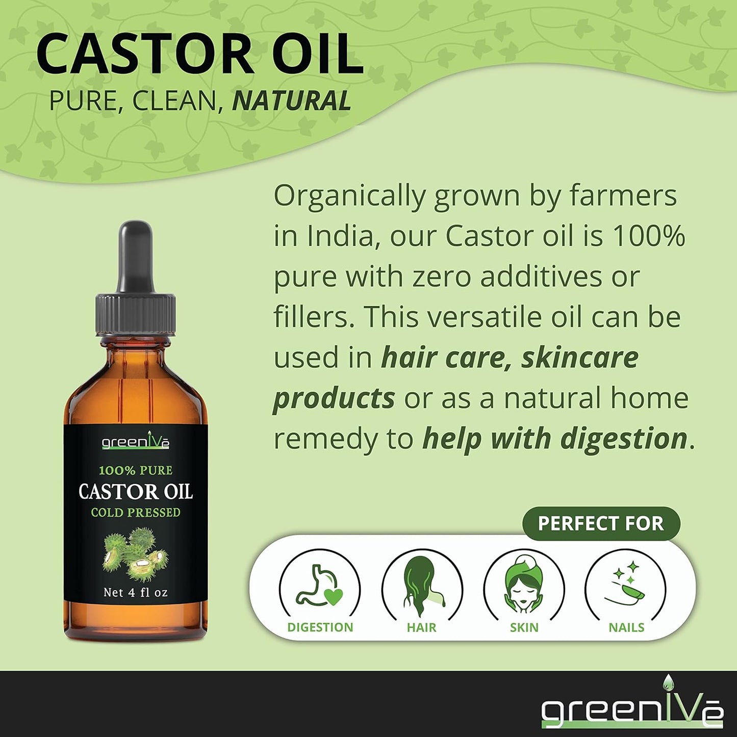 GreenIVe 100% Pure Castor Oil – Cold-Pressed, Hexane-Free – Hair, Eyebrows, Eyelashes, Skin Moisturizer, Castor Pack Wrap Oil Glass Bottle (4 Fl oz)