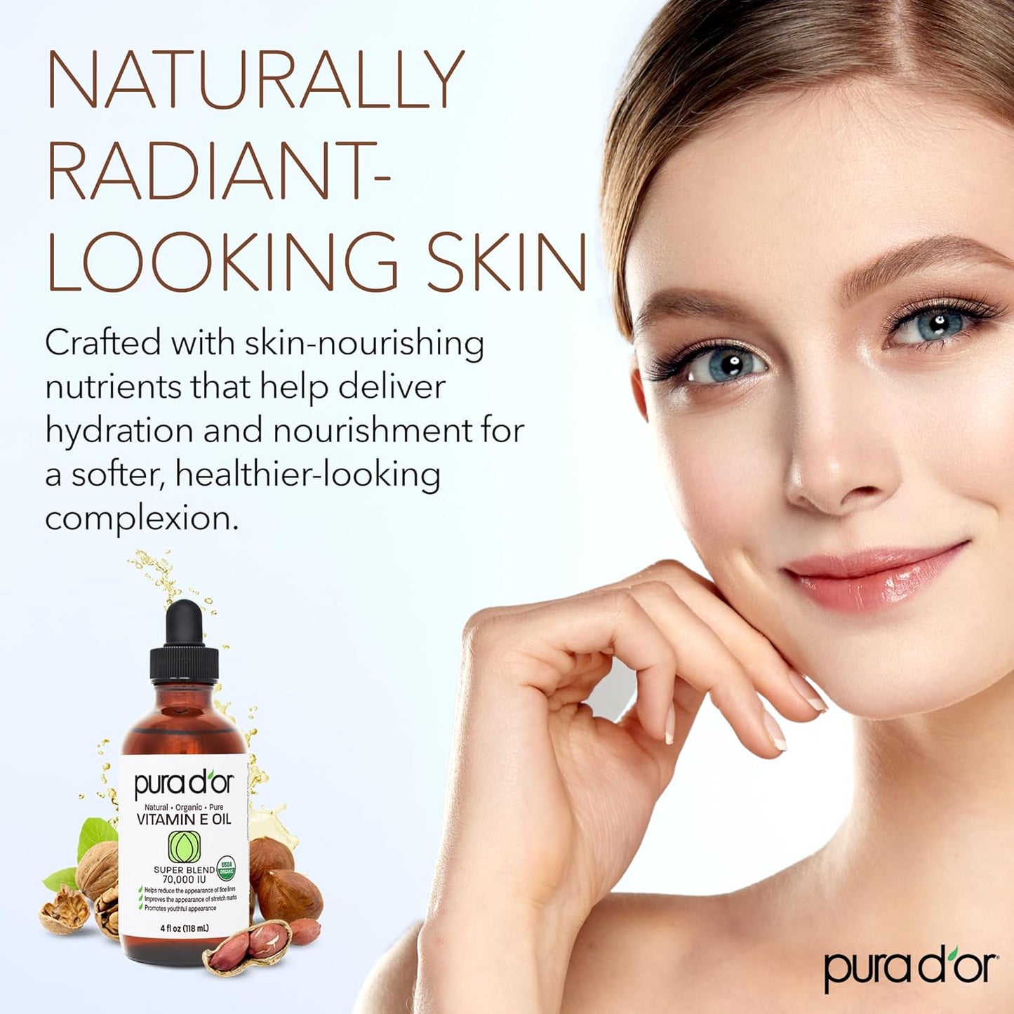 PURA D'OR 4 Oz Organic Vitamin E Oil 70,000 IU, USDA Certified Ayurvedic Skin Care, Face, Body w/Argan, Jojoba, Rosehip, Apricot, Almond & Avocado, Lightweight Moisturizer for Soft, Smooth Skin