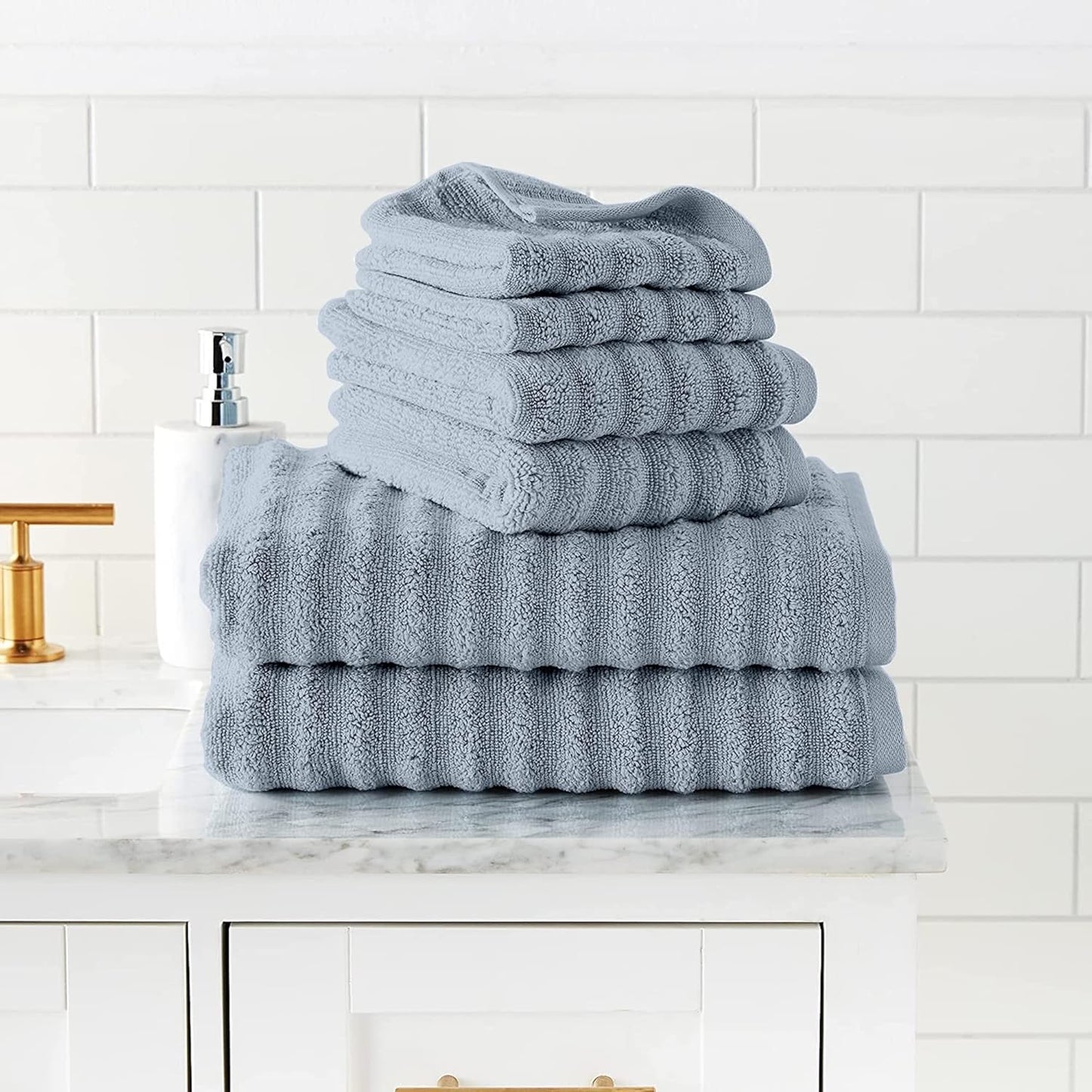 Luxury Spa Collection | 6-Piece Ultra Soft Quick-Dry 550GSM 100% Combed Cotton Wavy Towel Set by Amrapur Overseas [Spa Blue]