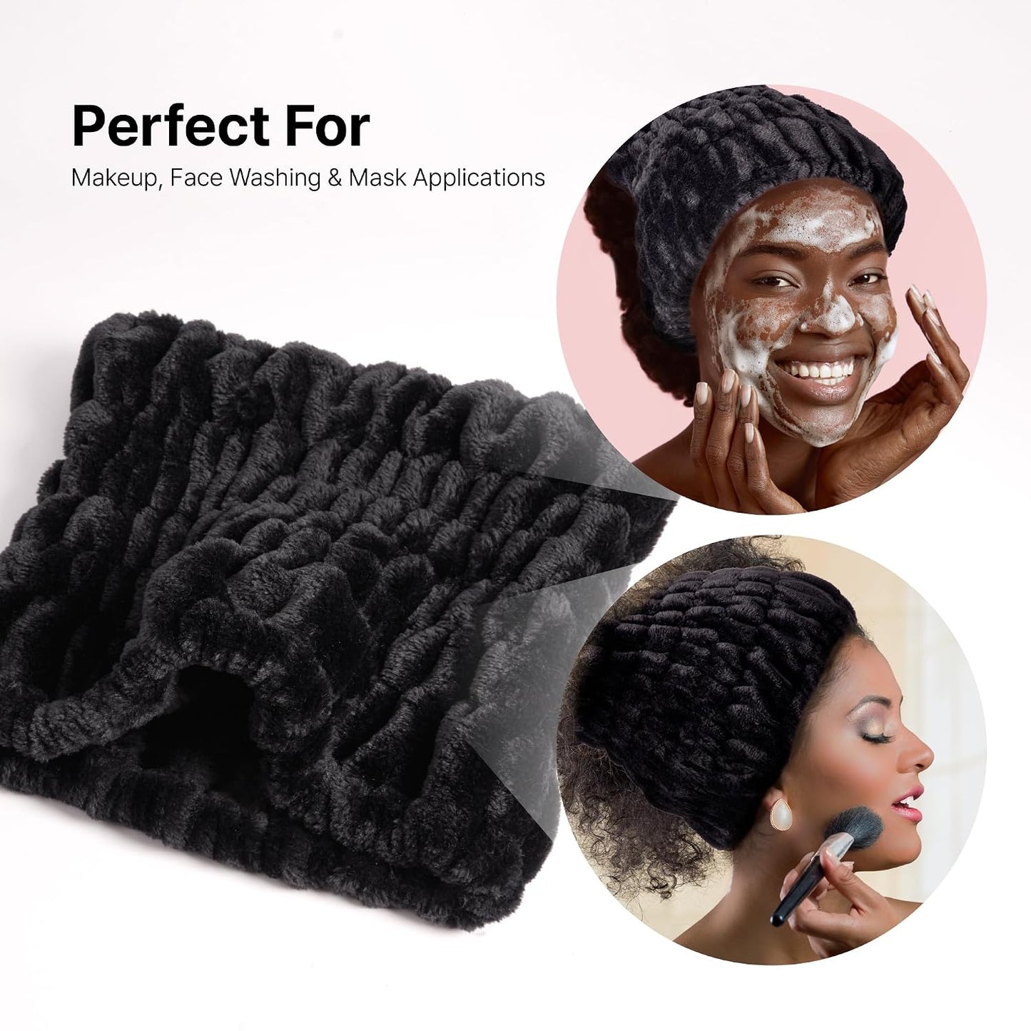 Red by Kiss Extra Wide Spa Headband, Super Absorbent & Soft Fluffy Plush Fleece, Full Hairline Coverage, Essential for Makeup, Skincare, Face Washing, Shower, Sauna, One Size Fits All (Black)