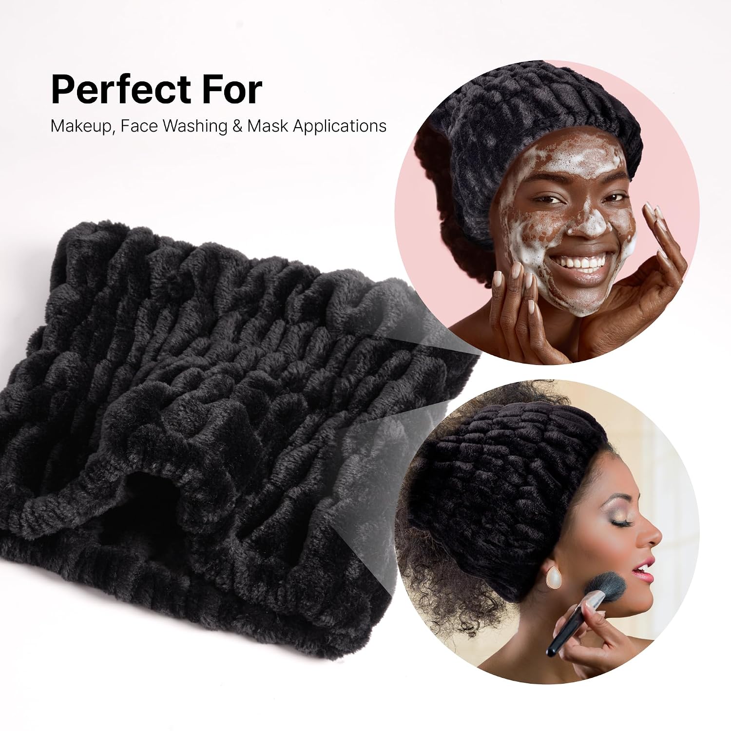 Red by Kiss Extra Wide Spa Headband, Super Absorbent & Soft Fluffy Plush Fleece, Full Hairline Coverage, Essential for Makeup, Skincare, Face Washing, Shower, Sauna, One Size Fits All (Black)