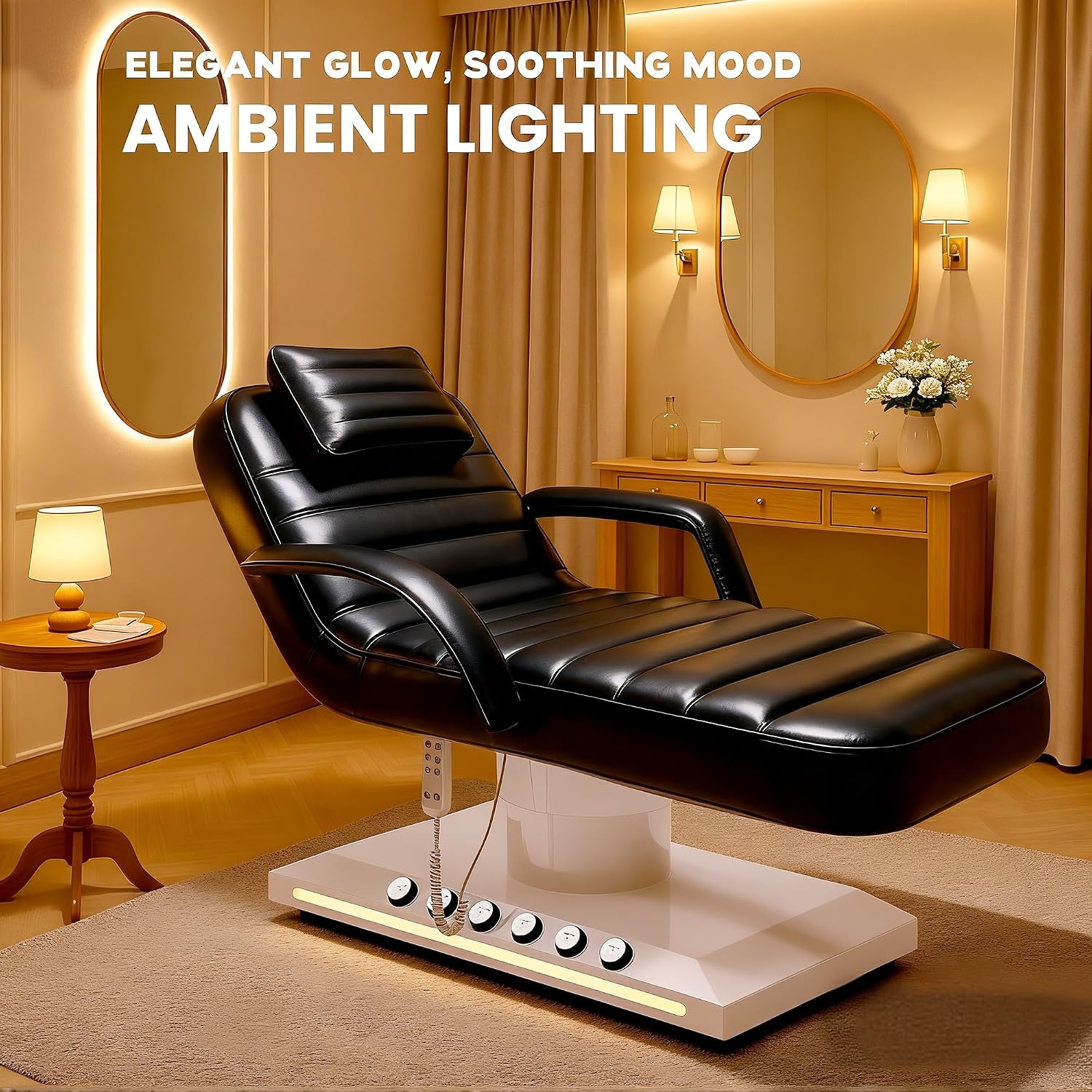 Electric Massage Table with LED Light, Adjustable Facial Bed with Foot Control for Spa, Tattoo, Waxing, and Eyelash Extension, Removable Headrest and Armrest, 90° Back & Leg Adjustment (Black)
