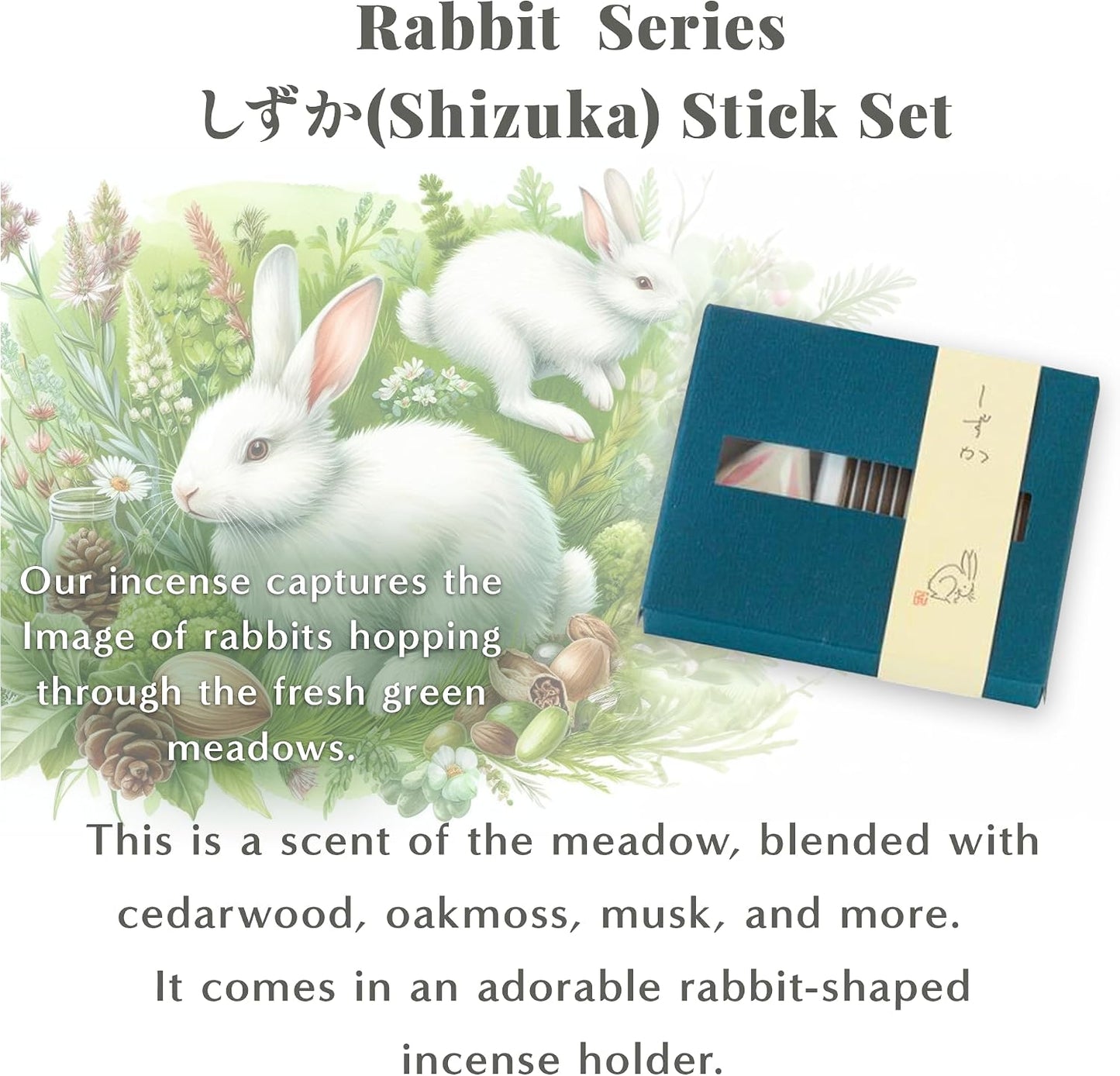Hasegawa Rabbit Series: Serene Meadow Incense Set - Cedarwood, Oakmoss & Musk - 15 Sticks with Rabbit Stone Holder (15-17 Min Burn Time Each) うさぎスティックセットしずか