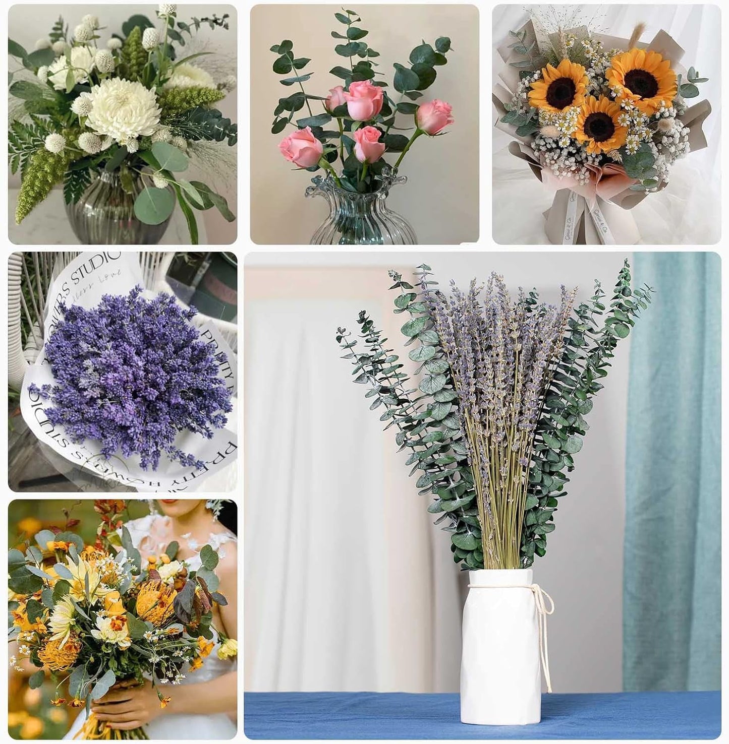 70 PCS Dried Eucalyptus Stems with Lavender Flowers Bundle for Shower, 17'' Natural Real Live Eucalyptus Leaves Branches Hanging Shower Plant for SPA Home Fragrance Bathroom Table Vase Decor