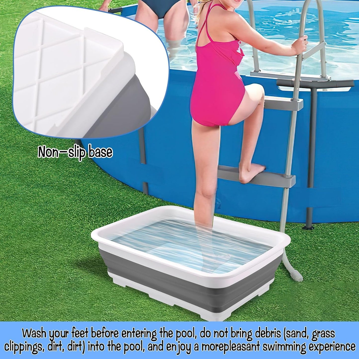 CIEOVO 11.8" x 7.87" x 4.5" Portable Pool Foot Bath, Non- Slip Collapsible Pool Foot Wash Basin Tub for Above Ground Swimming Pools Accessories
