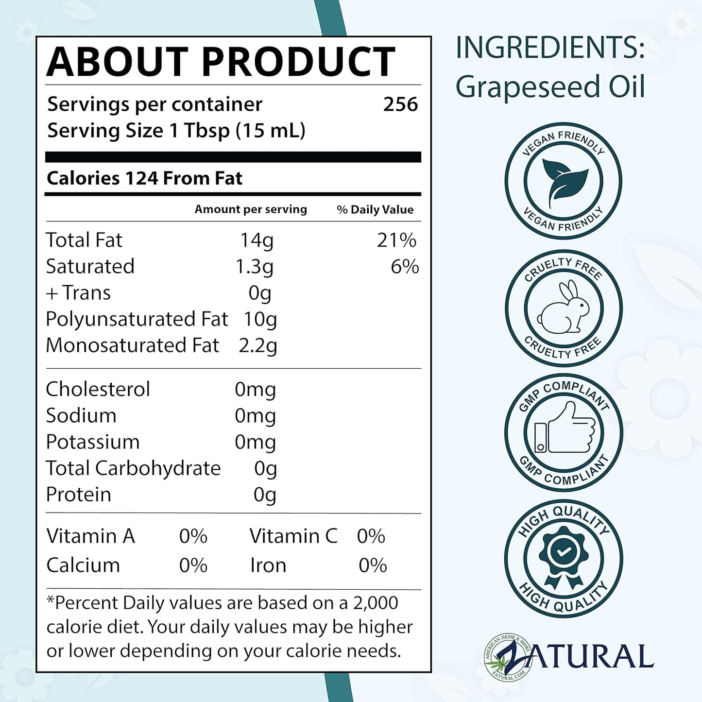 Zatural Grapeseed Oil Naturally Grown 100% Pure Cold Pressed Virgin High Tempurature Cooking Oil 128oz (1 Gallon)