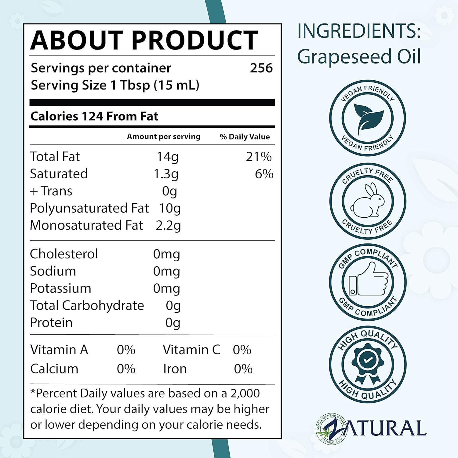 Zatural Grapeseed Oil Naturally Grown 100% Pure Cold Pressed Virgin High Tempurature Cooking Oil 128oz (1 Gallon)