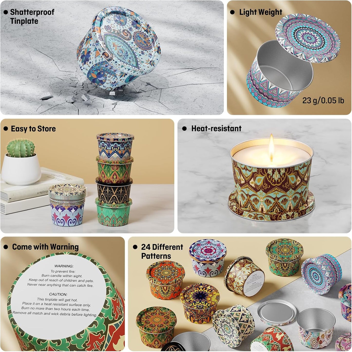 Nexuraze Empty Candle Tins for Making Candles with Lids, Tinplate Material, Warning Label Printed on Can Bottom (Colorful)