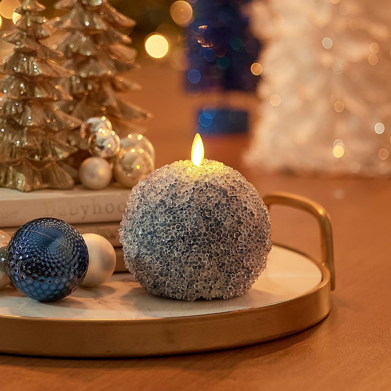Luminara - Flameless Holiday Crystal Beads Glitter Sphere Candle - Spring Lake - Pack of 1-4x4.25 - Auto Timer Built-in 5-Hour Timer Indoor Use