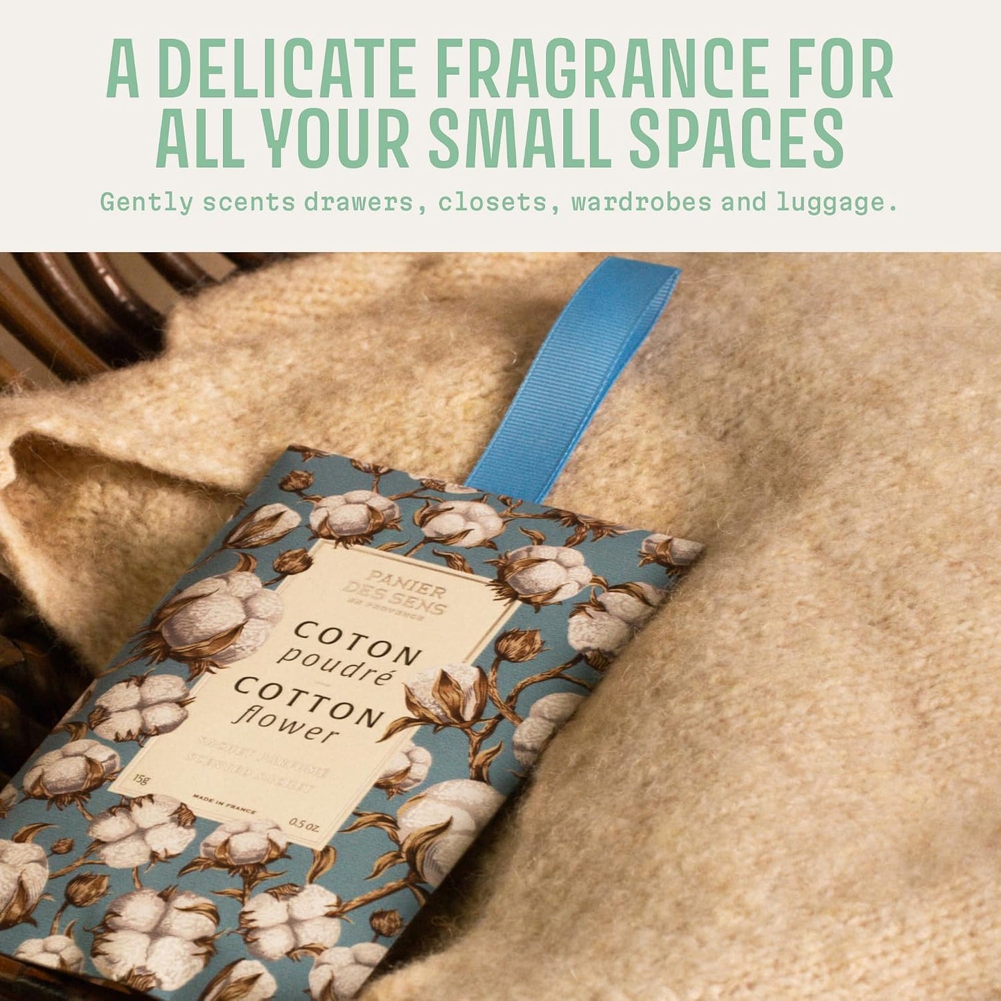 Panier des Sens Cotton Flower Scented Sachets, 2-Pack, 1 oz | Made In France Scented Sachets | For Drawers, Closets, Linens & Wardrobes | Long-Lasting Fragrance For Small Spaces