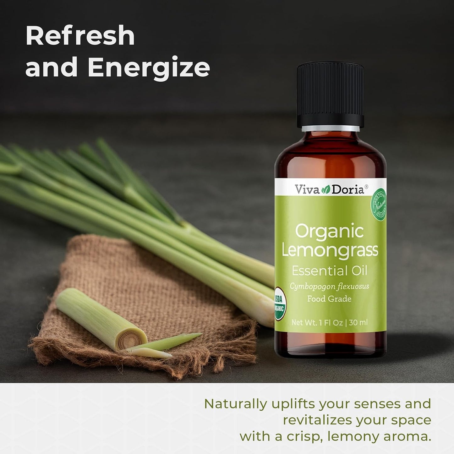 Viva Doria Lemongrass Essential Oil, USDA Certified, Organic Lemongrass Oil, 100% Pure, Natural Essential Oil, Undiluted, for Aromatherapy | Food Grade, 30 mL (1 Fluid Ounce)