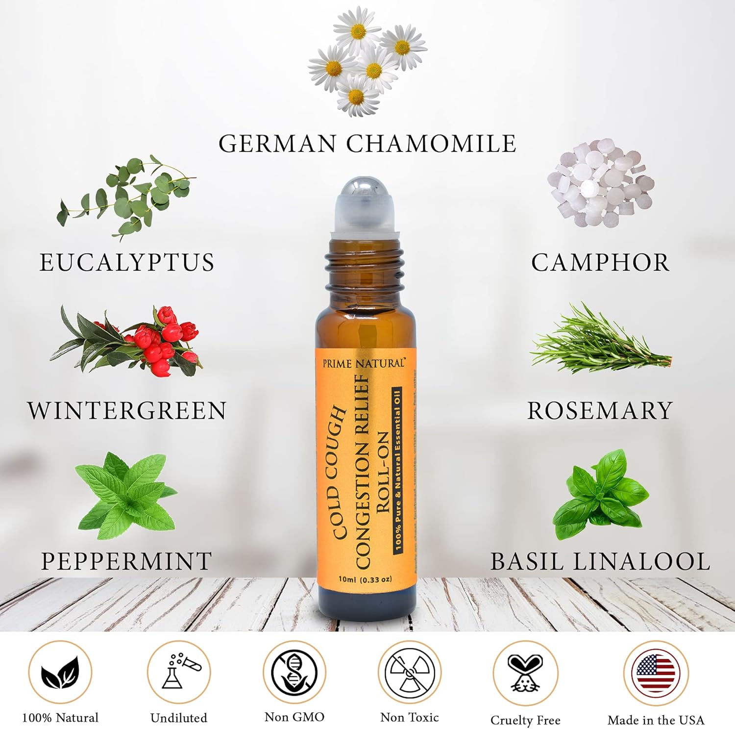 Prime Natural Cold Cough Congestion Relief Essential Oil Roll on (10ml), Pre-Diluted Ready to Use Roller for Sinus, Sore Muscle, Headache & Sleep