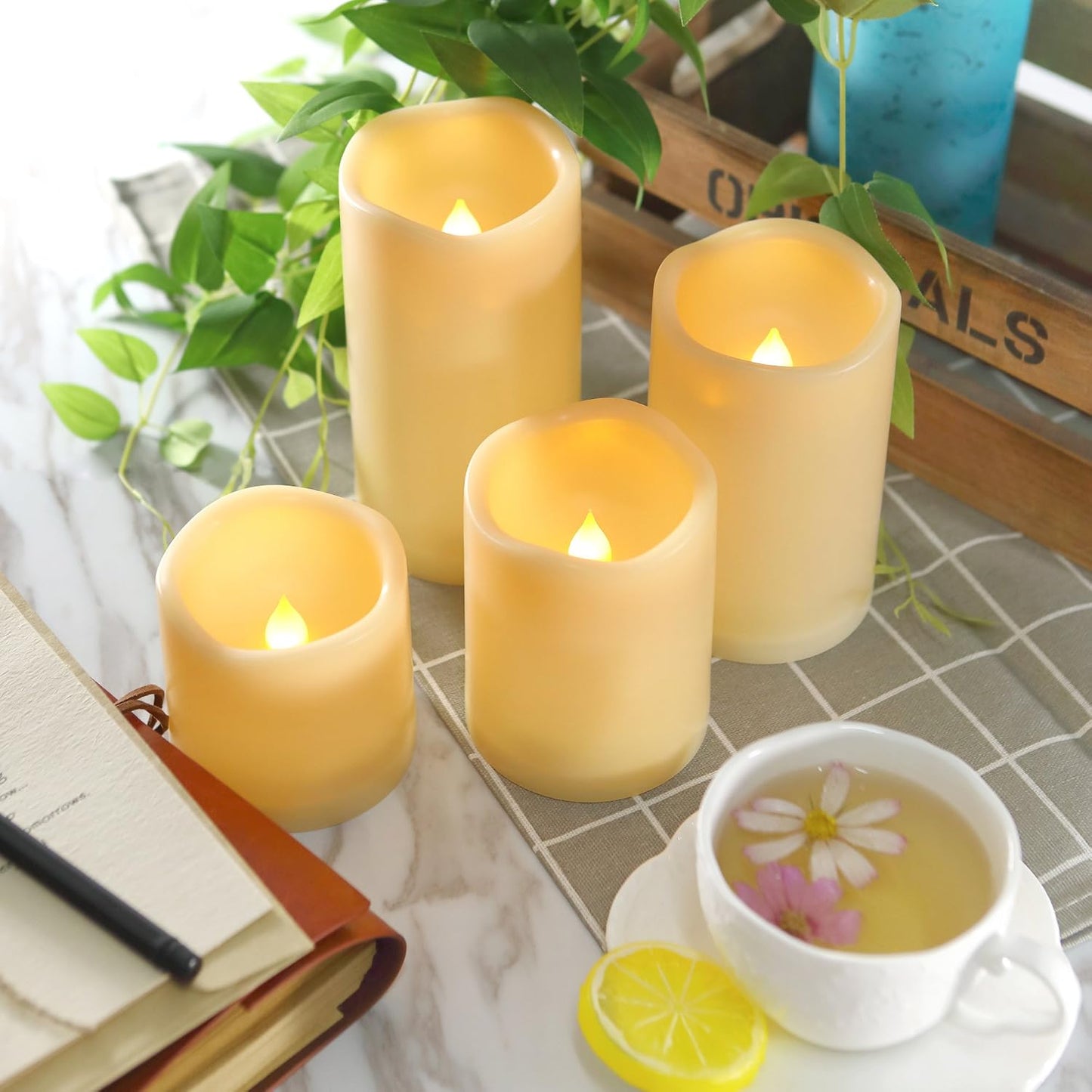 4 Pack LED Flameless Pillar Candles Waterproof Outdoor Battery Operated Candle Set with Cycling 24 Hours Timer Function for Lantern Home Garden Wedding Party Christmas Halloween Decoration 3x3 inches