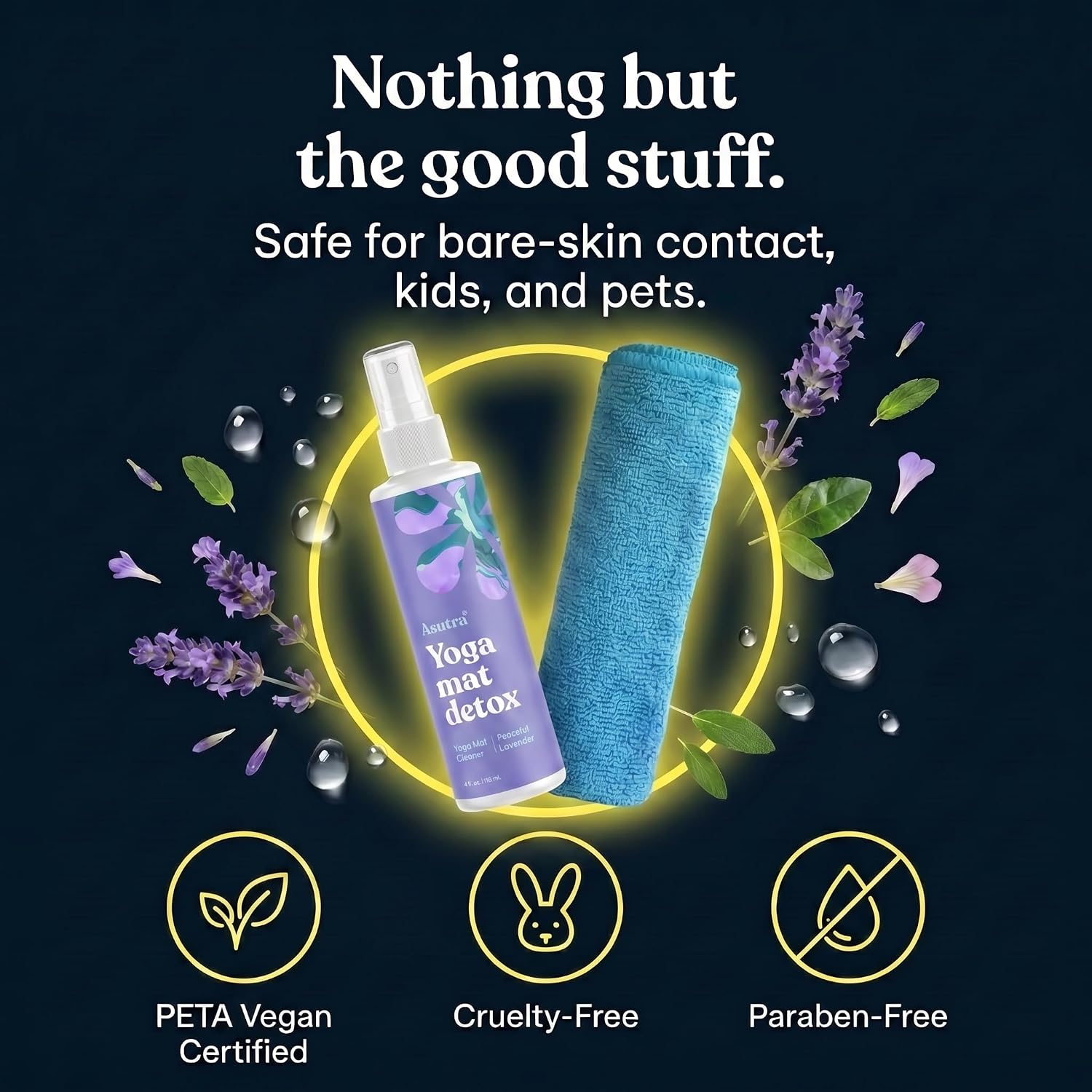 ASUTRA Yoga Mat Cleaner Spray (Peaceful Lavender), 4 fl oz - No Slippery Residue, Organic Essential Oils, Deep-Cleansing for Fitness Gear & Gym Equipment, Microfiber Towel Included