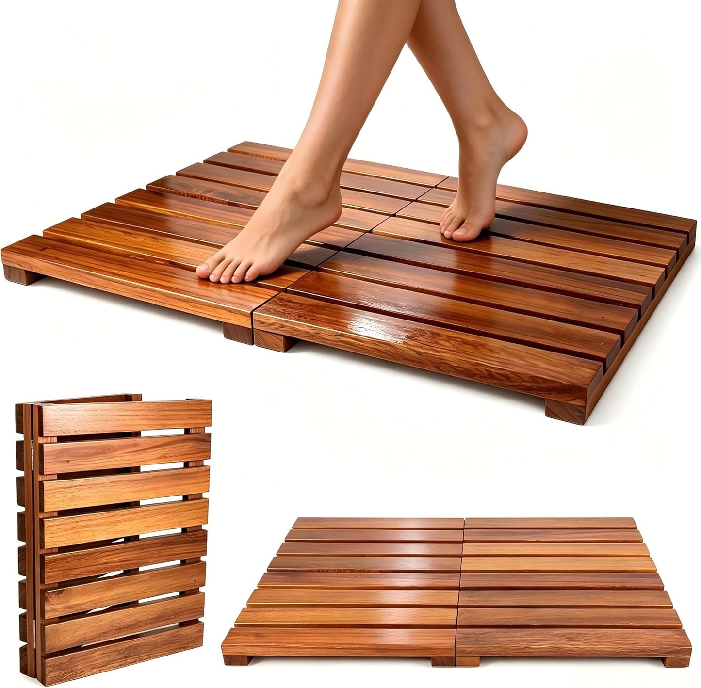 Wood Shower Bath Mat - Foldable Wooden Bathroom Mat, Bamboo Teak Acacia Floor Mat Rugs for Inside Shower Platform Outdoor Indoor