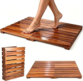 Wood Shower Bath Mat - Foldable Wooden Bathroom Mat, Bamboo Teak Acacia Floor Mat Rugs for Inside Shower Platform Outdoor Indoor