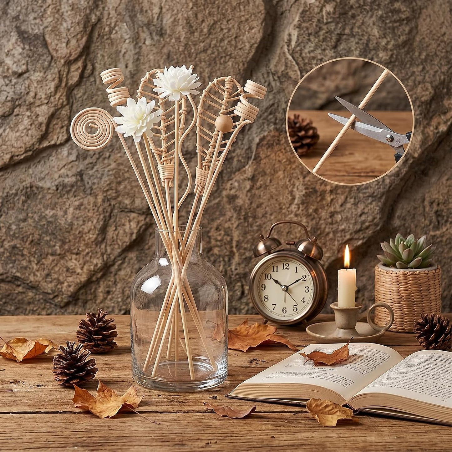 12 PCS Reed Diffuser Stick Rattan Flower Reed Fragrance Diffusers Set, 6 Style Natural Rattan Wood Oil Diffuser Sticks Replacement Refill Sticks for Living Room, Bathroom, Bedroom, Office, Home Decor