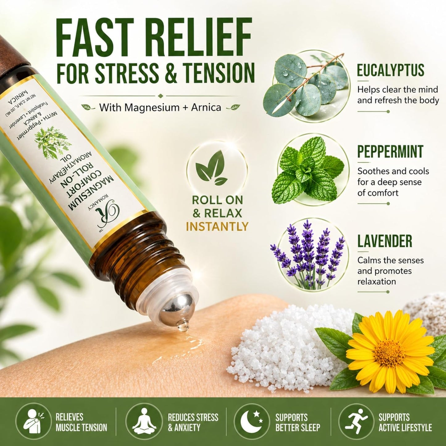 Migraine Relief Roll-On for Headache Relief with Magnesium & Arnica – Peppermint, Lavender & Eucalyptus Essential Oils – Cooling Aromatherapy Oil for Stress, Tension & Sinus Support – 10ml