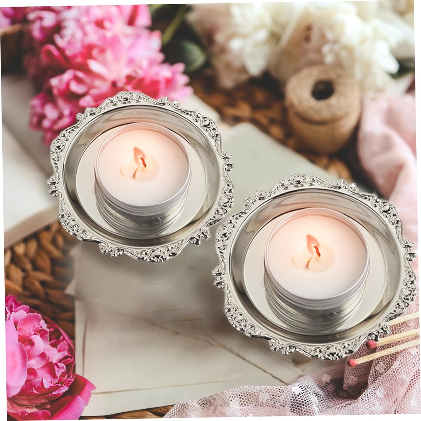 Candle Plate Candle Tray 2PCS 3.9 Inch in Dia Metal Candle Plate with Engraving Decorative Border Round Coffee Table Tray Silver Candle Holder for Christmas Wedding Party Table Decor