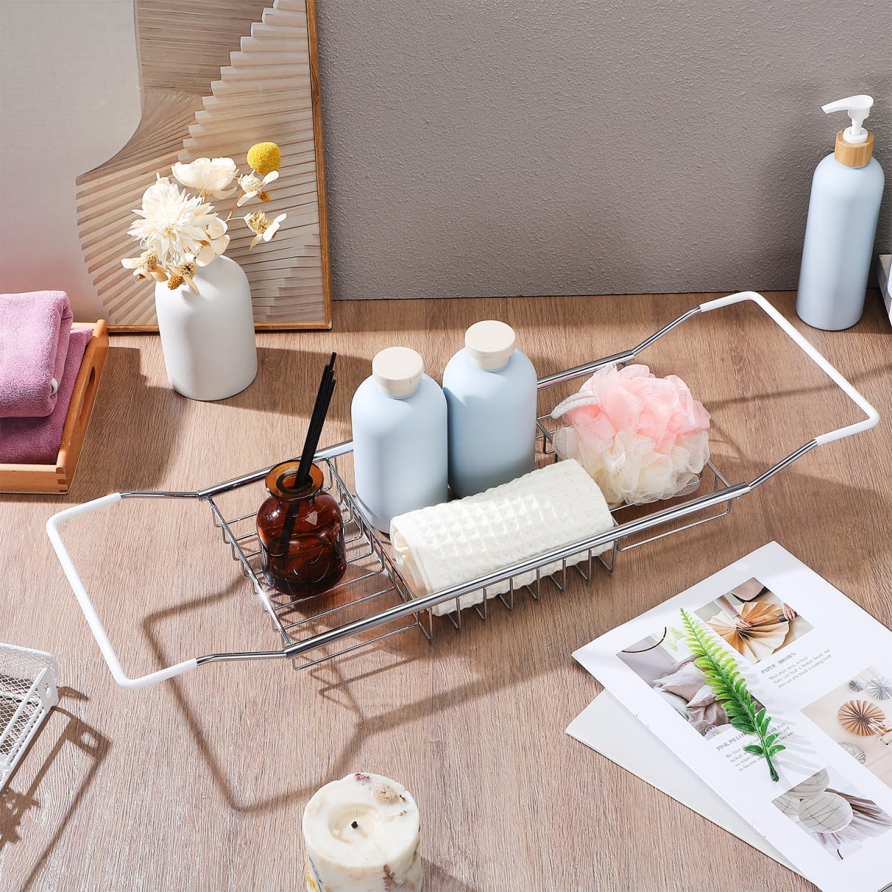 Cabilock Stainless Steel Expandable Bathtub Tray, Chrome Polished Telescopic Bath Tub Shelf, Bathroom Organizer for Soap, Shampoo, Phone and Sundries