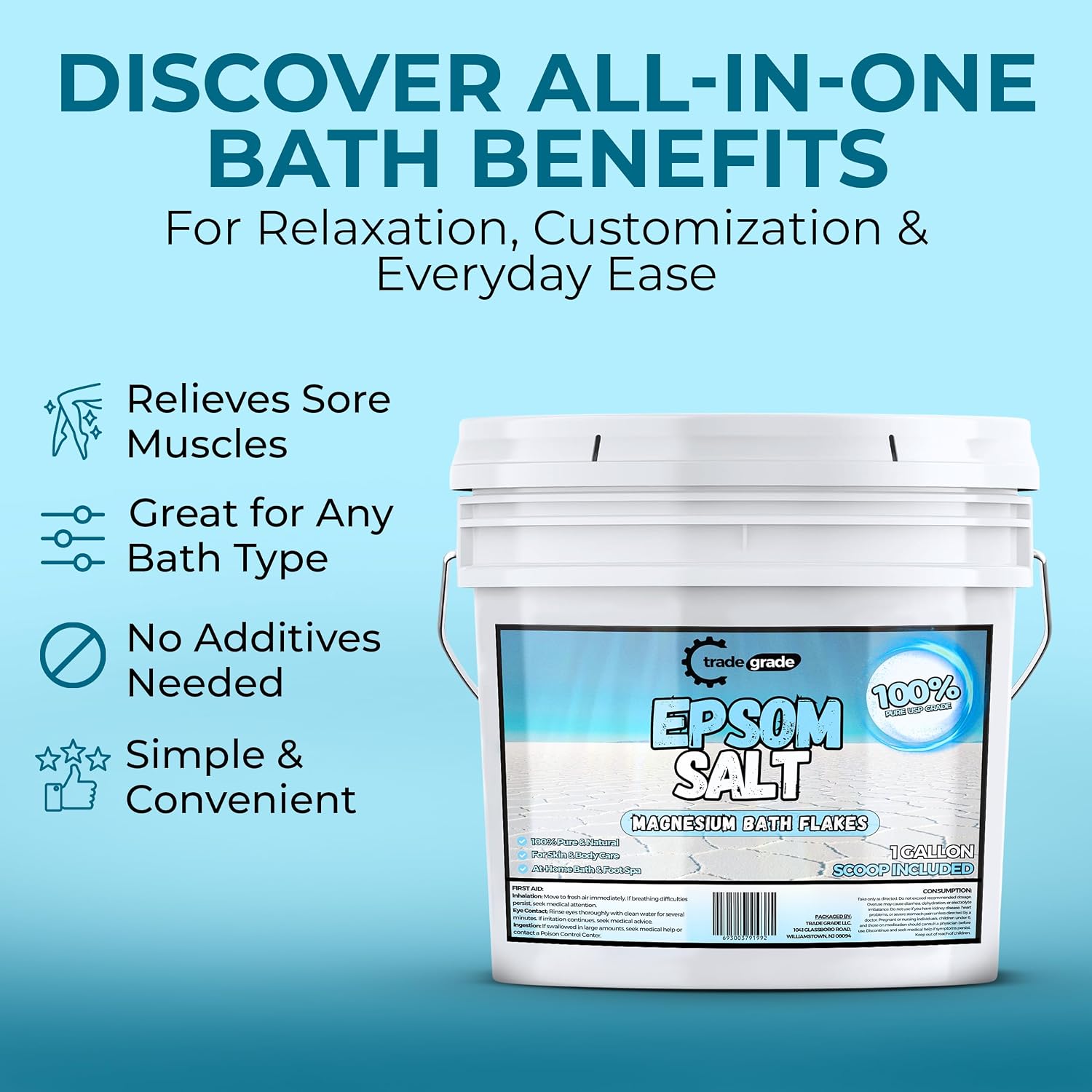 TradeGrade Epsom Salt Bath Soak 1 Gallon Bucket – Unscented, Pure Epsom Salt Bulk Crystals, Magnesium Sulfate for Full Body or Foot Soaks, Resealable Container for Home Bath Use
