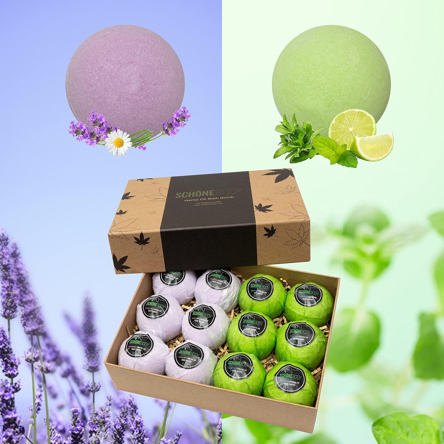 12 Pack Hemp Bath Bombs Set for Muscle Therapy & Relaxation | Large Vegan Fizzy Spa Gift for Women & Men | Natural Lavender, Mint Oils Moisturize Dry Skin & Soothe Stress, Wife Stocking Stuffers Gifts