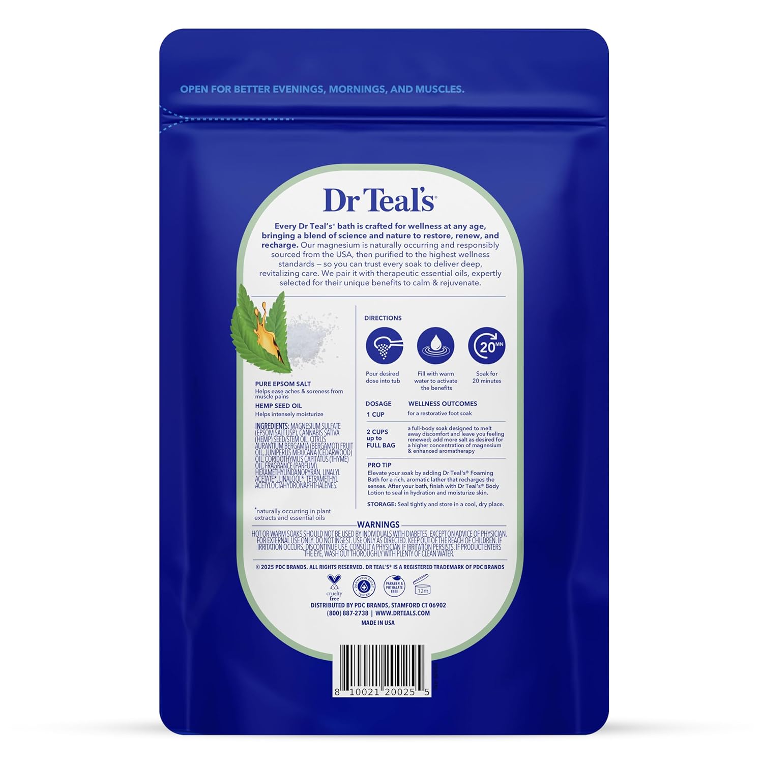 Dr Teal's Pure Epsom Magnesium Salt Soak, Cannabis Sativa Hemp Seed Oil, 3 lb