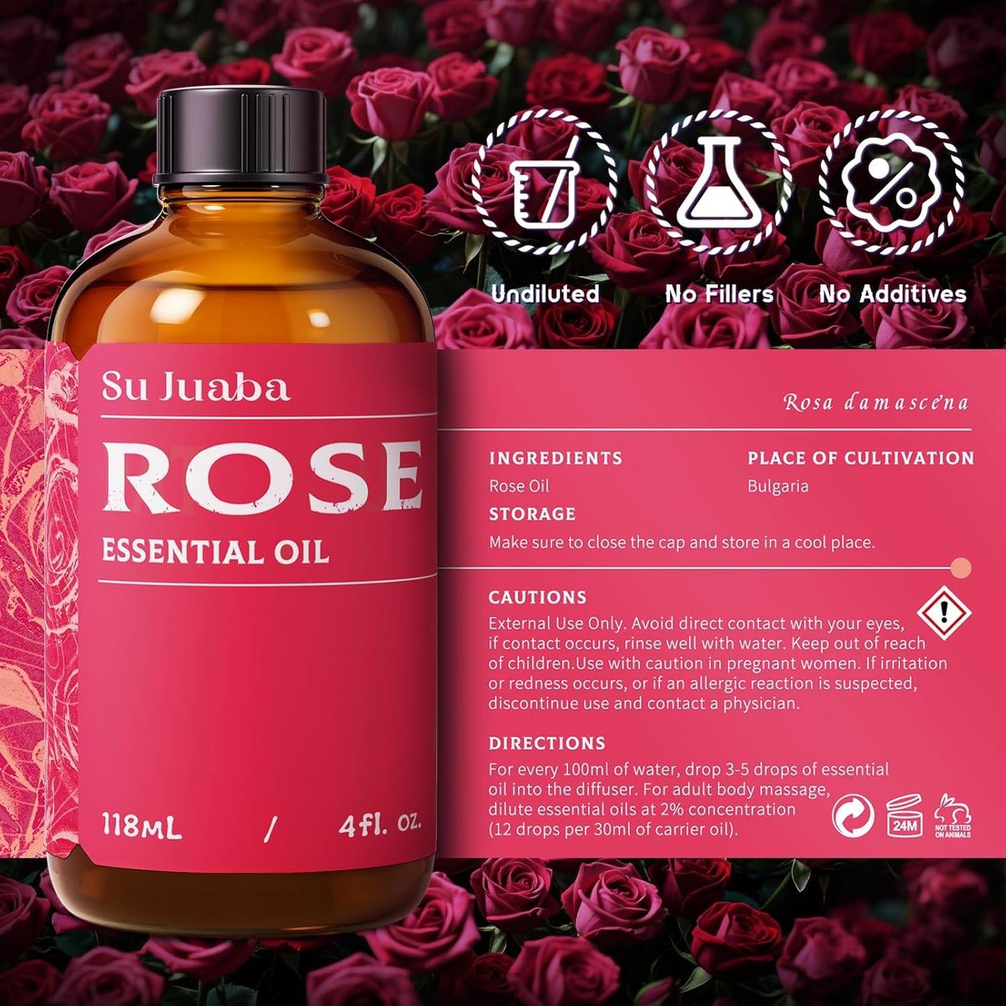 SU JUABA Rose Essential Oil 4 Fl Oz, 100% Pure Rose Oil for Face, Skin, Hair, Diffuser, Aromatherapy -118ml