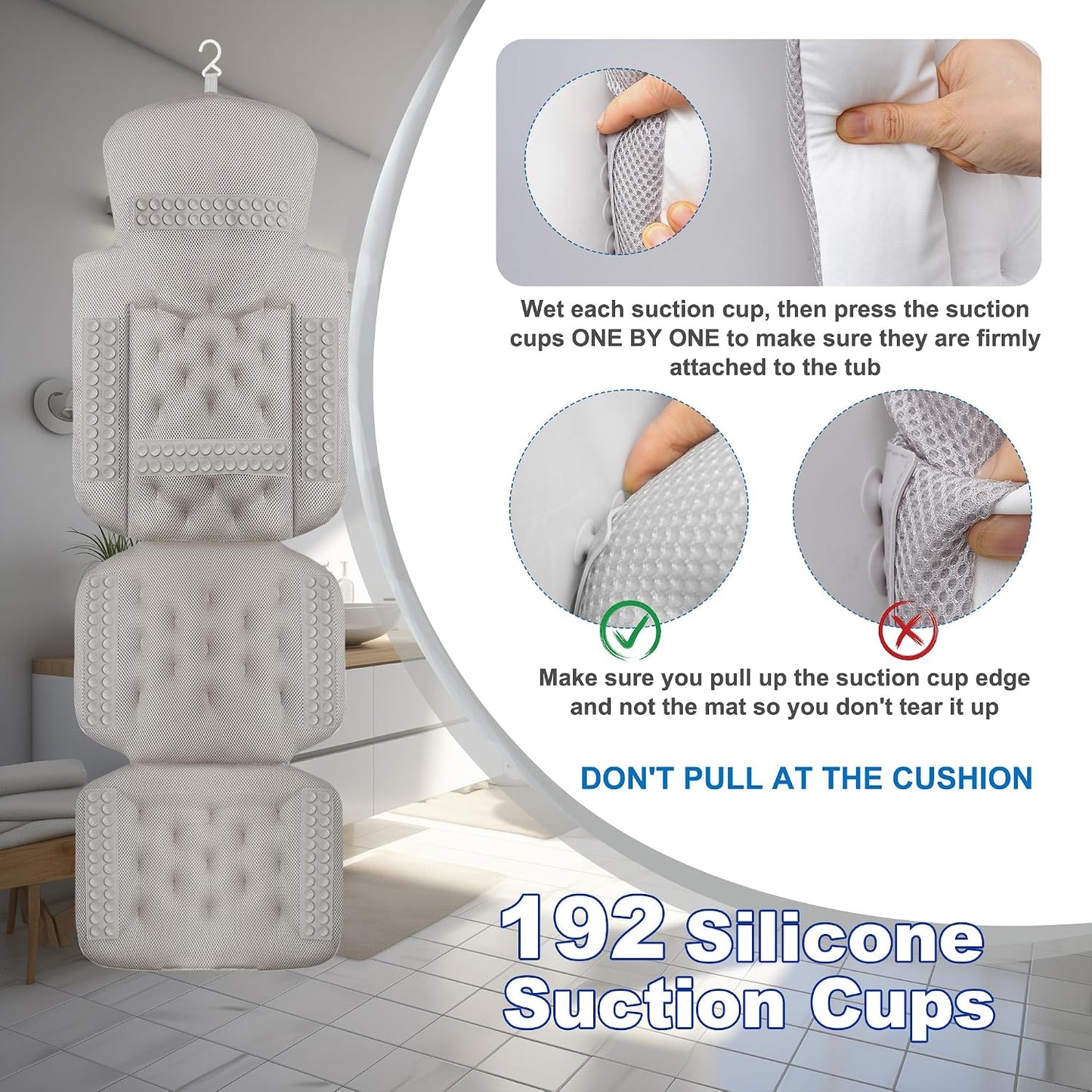 Luxury Full Body Bath Pillow for Bathtub, Bath Pillows for Tub with Mesh Laundry Bag, Cushion for Bathtub Headrest Neck Back Support - 5D Air Mesh & Quick Drying | White 51" x 16"
