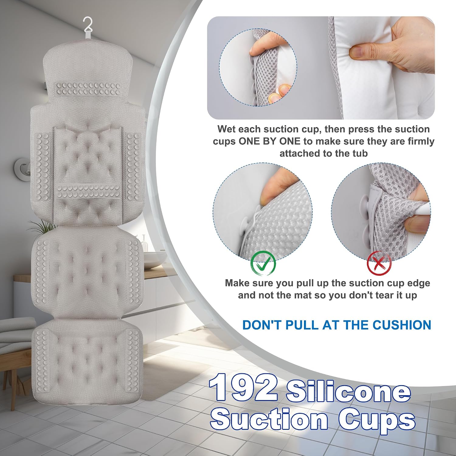 Luxury Full Body Bath Pillow for Bathtub, Bath Pillows for Tub with Mesh Laundry Bag, Cushion for Bathtub Headrest Neck Back Support - 5D Air Mesh & Quick Drying | White 51" x 16"