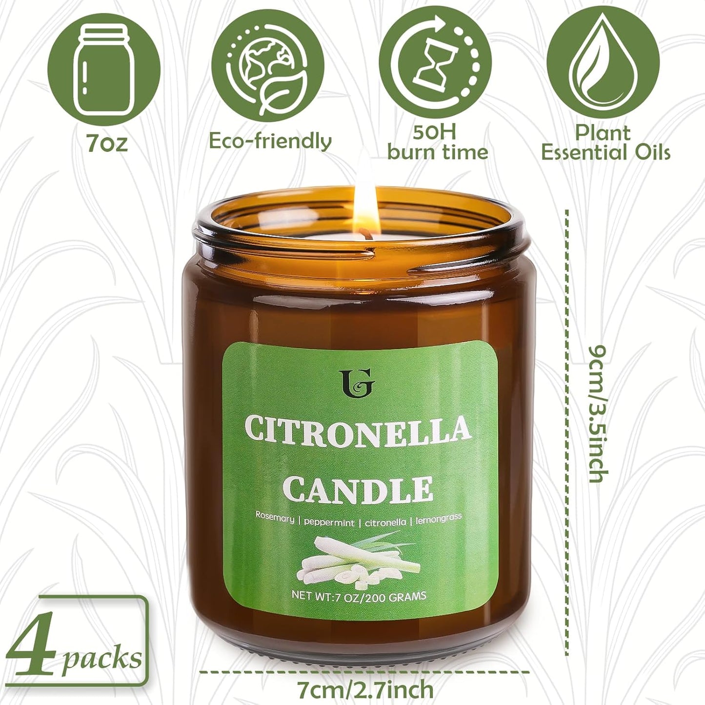 4 Packs Citronella Candles Outdoor, Natural Soy Wax Citronella Scented Jar Candle for Summer, 7oz Large Lemongrass Candle, 50 Hours Burn Time, Indoor and Outdoor Candles for Patio, Garden & Camping