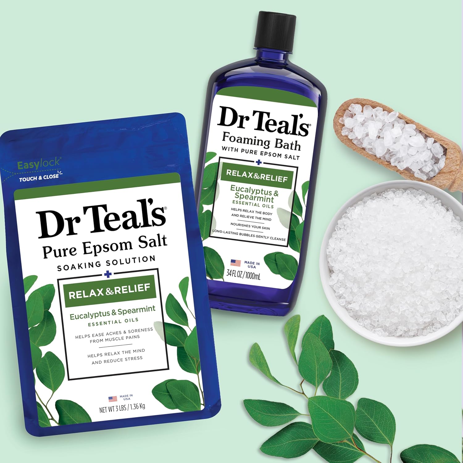 Dr Teal's Pure Epsom Salt Soak and Foaming Bath, Relax & Relief with Eucalyptus & Spearmint, Combo Pack