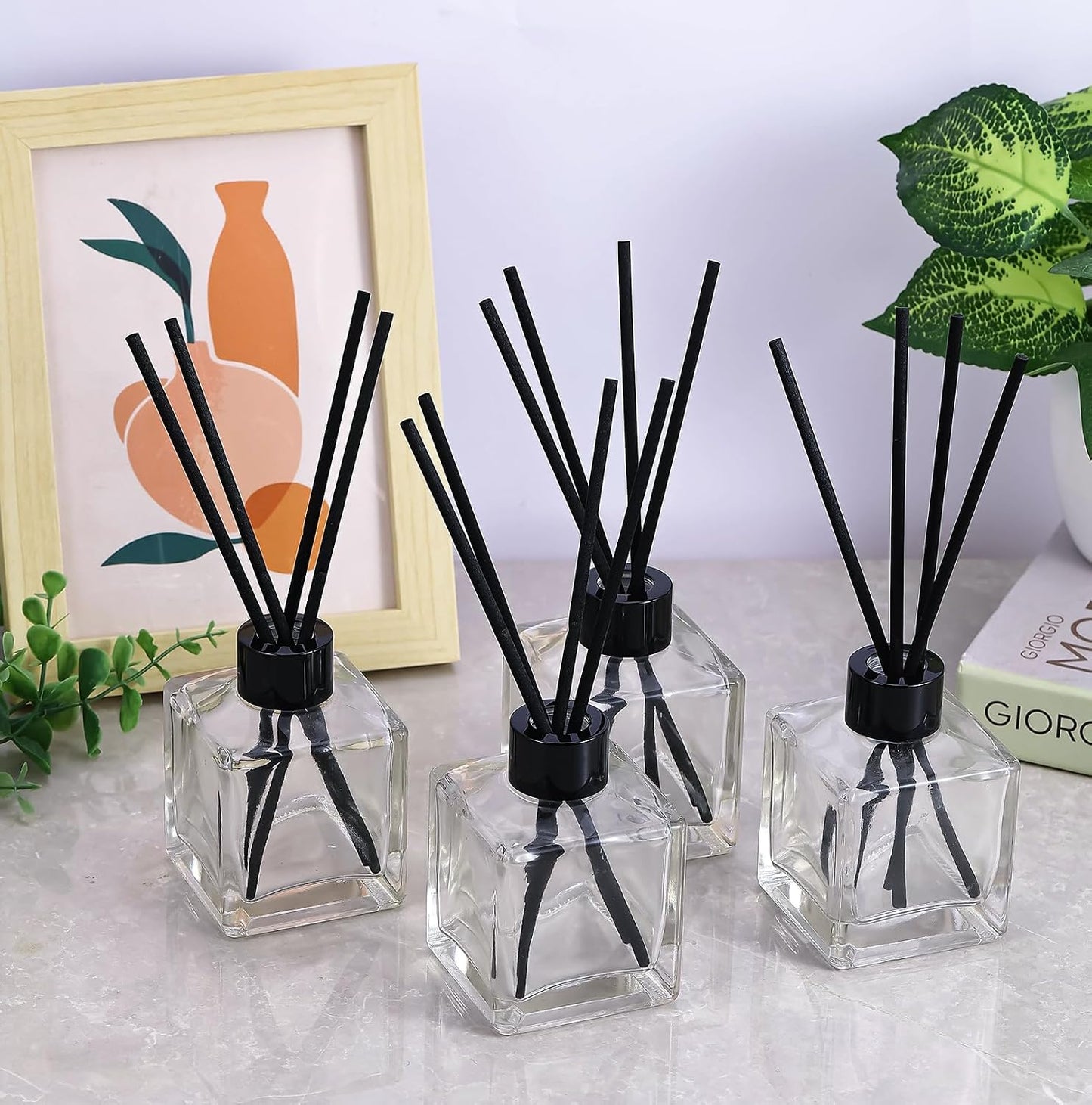 frangrance Glass Diffuser Bottles Diffuser Jars with Black Color caps and Reed Sticks Set of 4 pcs 150ml Fragrance Accessories use for DIY Replacement Reed Diffuser Sets